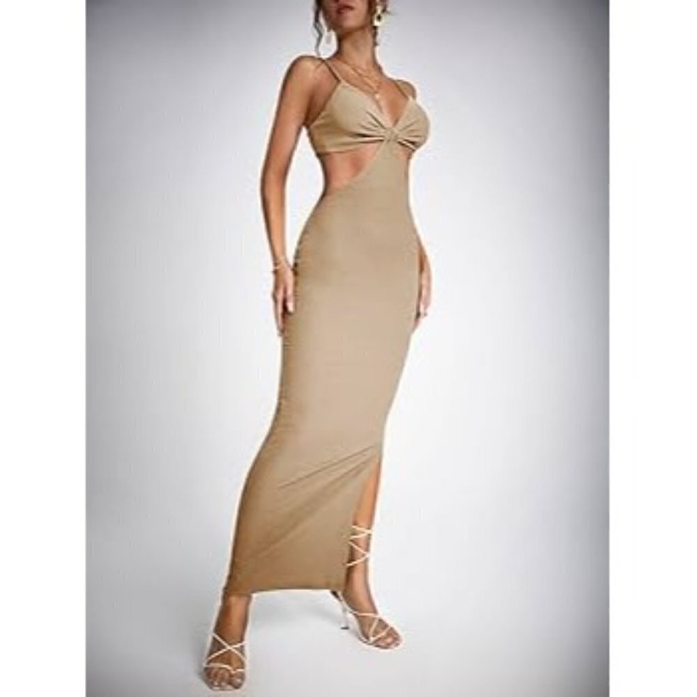 Boutique Light Brown Knit‎ Ruched Bust Cut Out Maxi Dress L